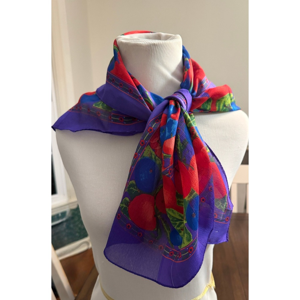 Vintage Fruit Print Square Scarf Purple Red Blue Harvest Apple Grape Berry 30in